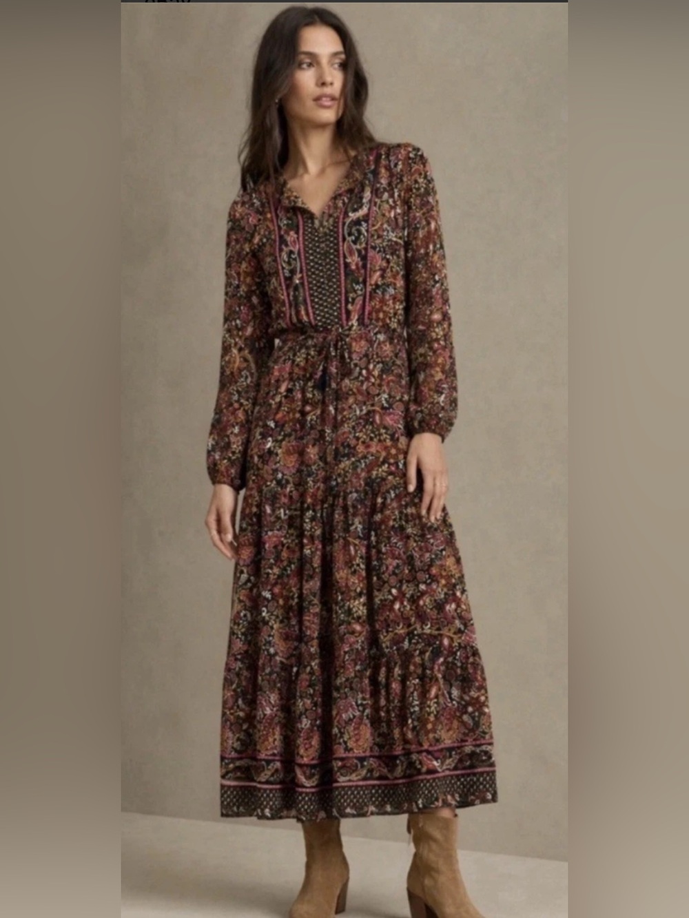 Boemo for Anthropologie Paisley Print Long Sleeve Tiered Maxi Dress